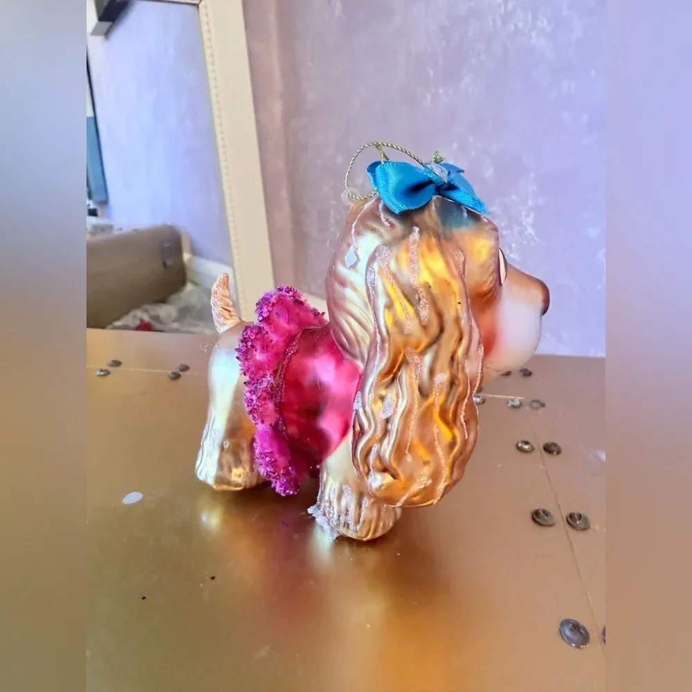 Hand Blown Golden Cocker Spaniel with Pink Tutu & Blue Bow Holiday Ornament